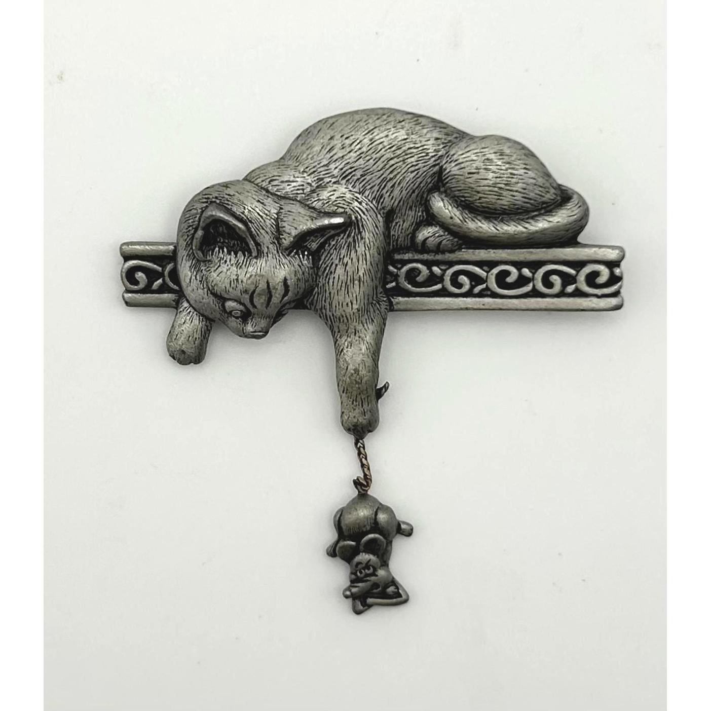 Vintage Jj Jonette Cat Brooch Pewter Playful Kitty Pin, Whimsical Cat Lover Gift